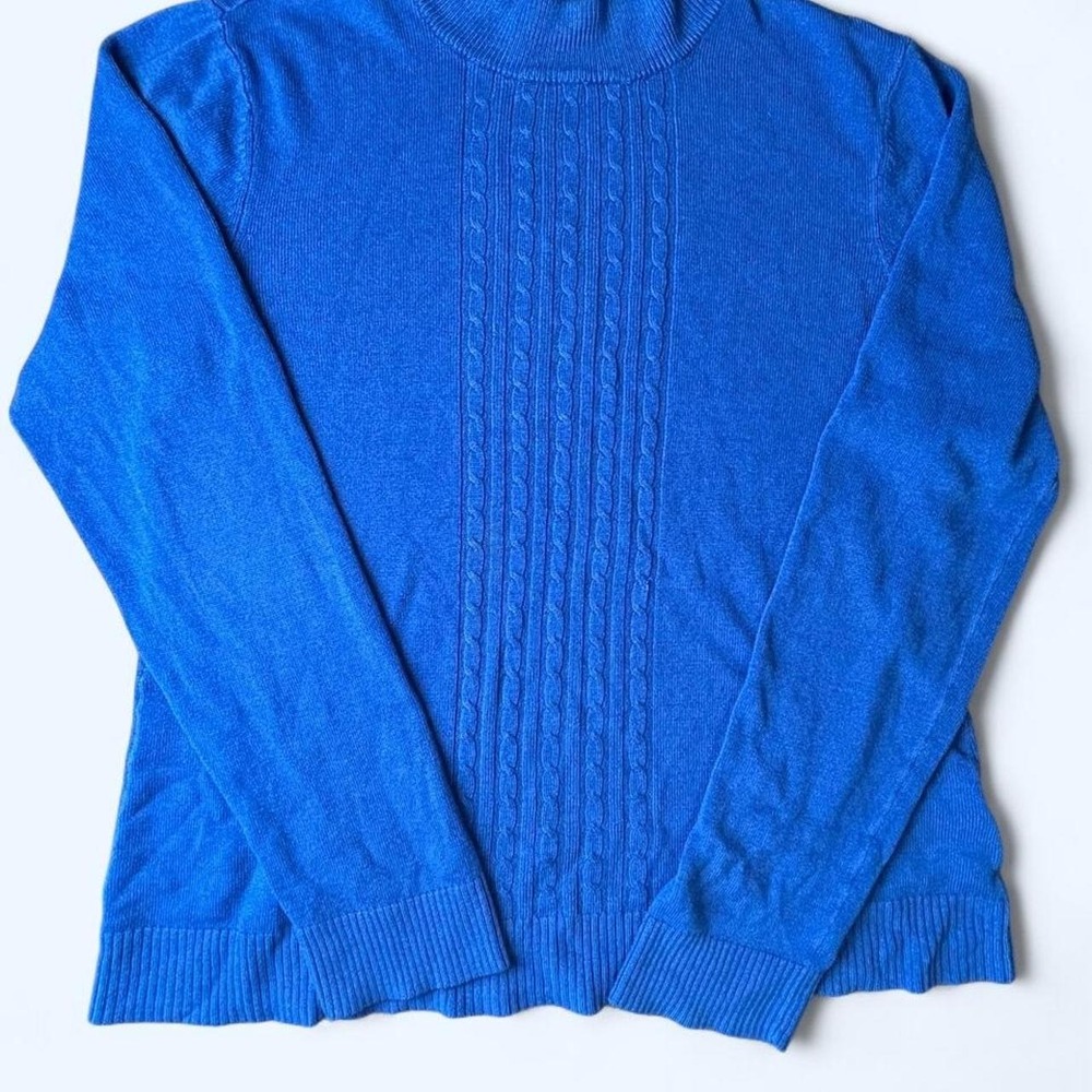 Laura Scott size L Womens sweater grandmacore mockneck Cable Knit cobalt blue